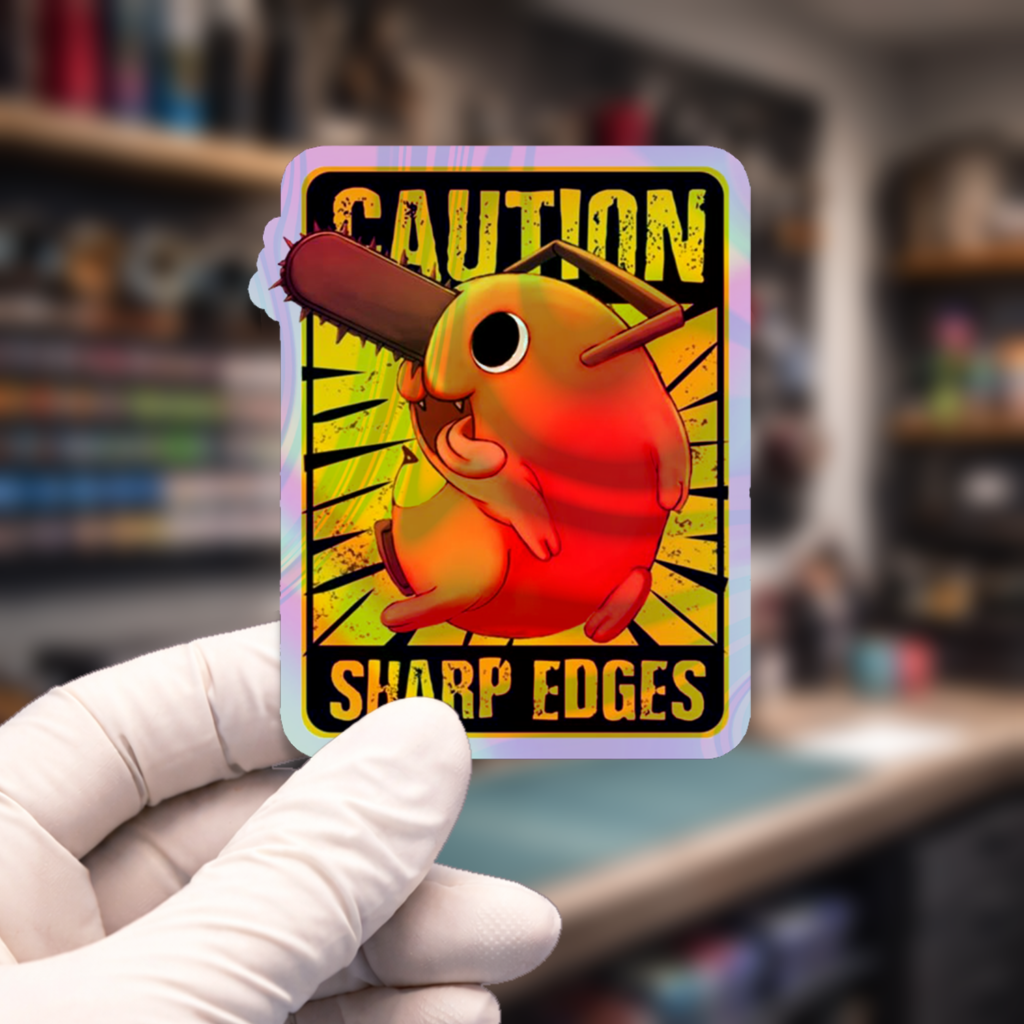 Stiker Hologram Anime Chainsaw Man | Caution Sharp Edges