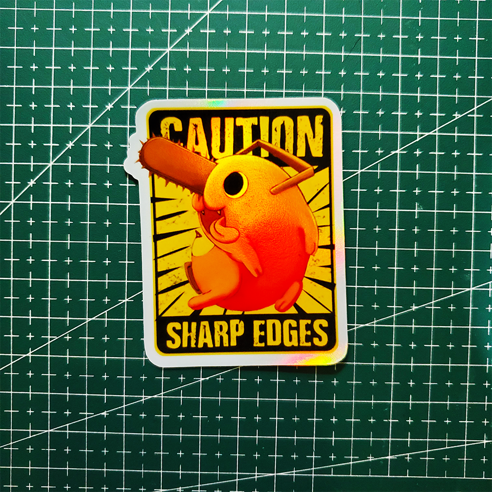 Stiker Hologram Anime Chainsaw Man | Caution Sharp Edges - Gambar 2